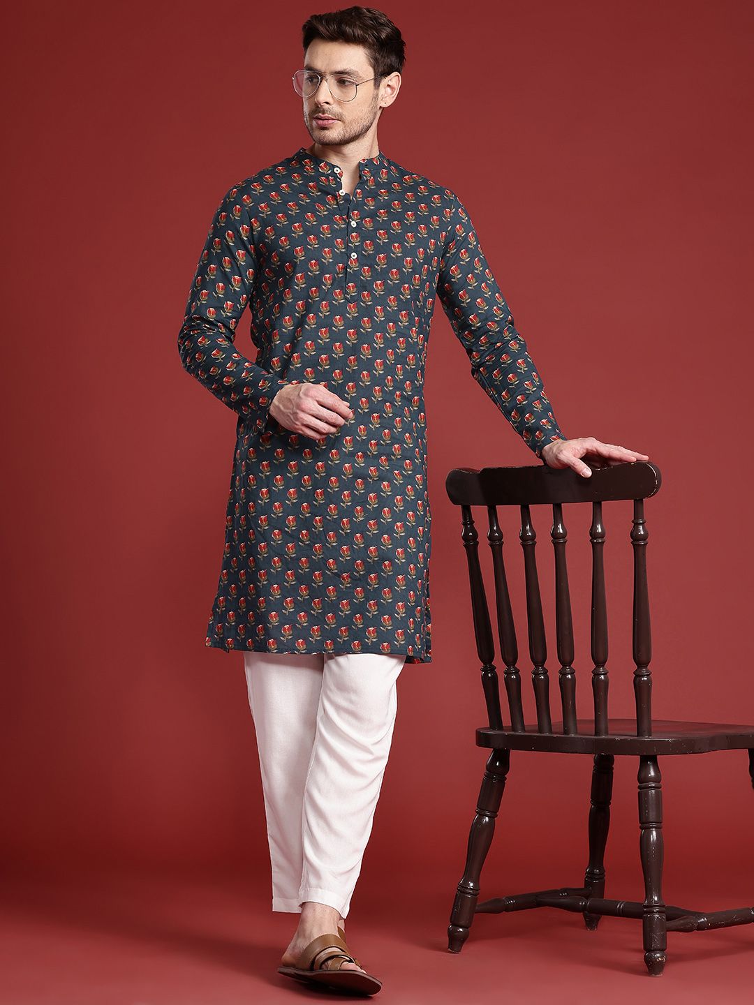 Anouk Band Collar Floral Printed Pure Cotton Kurta
