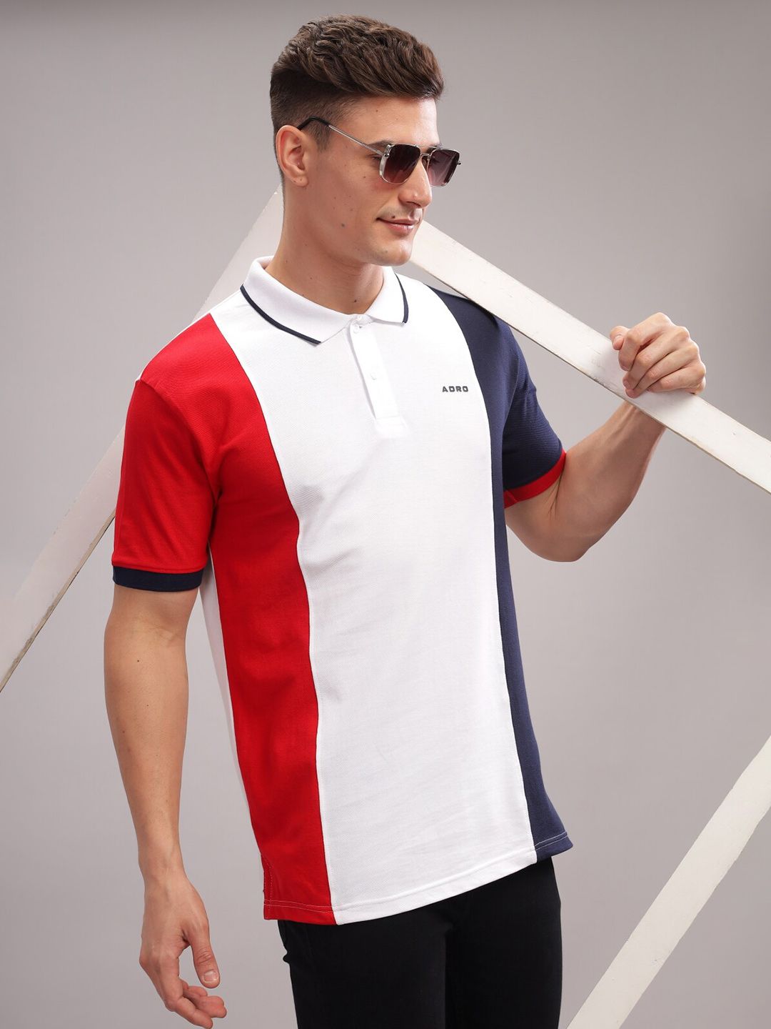 ADRO Colourblocked Polo Collar Lengan Pendek Kapas Tulen T-shirt Biasa