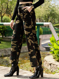 STREET 9 Women Olive Green High-Rise Relaxed Straight Leg Camouflage Printed Trousers