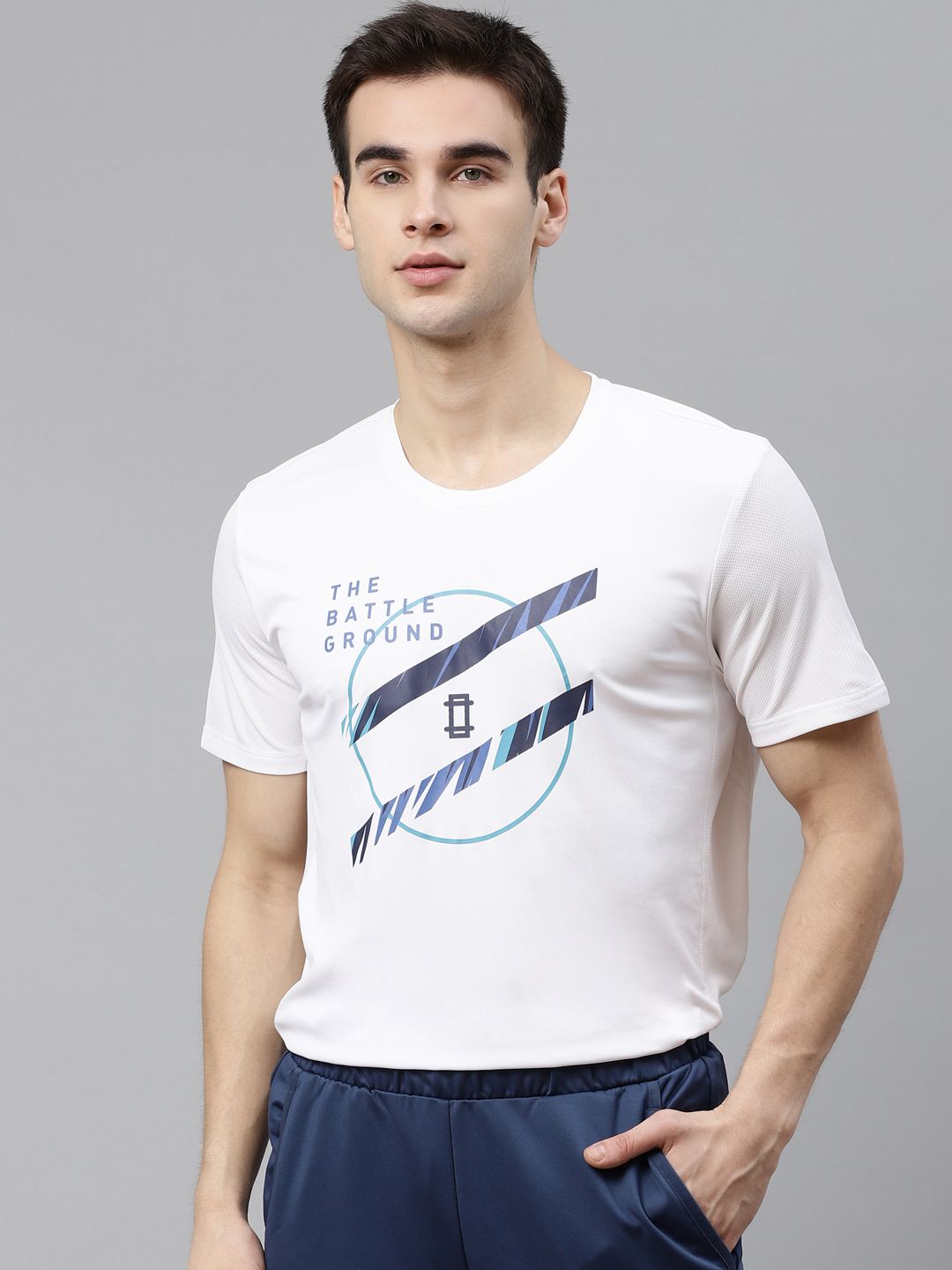 HRX by Hrithik Roshan Men White & Blue Printed Rapid-Dry Anti-Static Cricket T-shirt