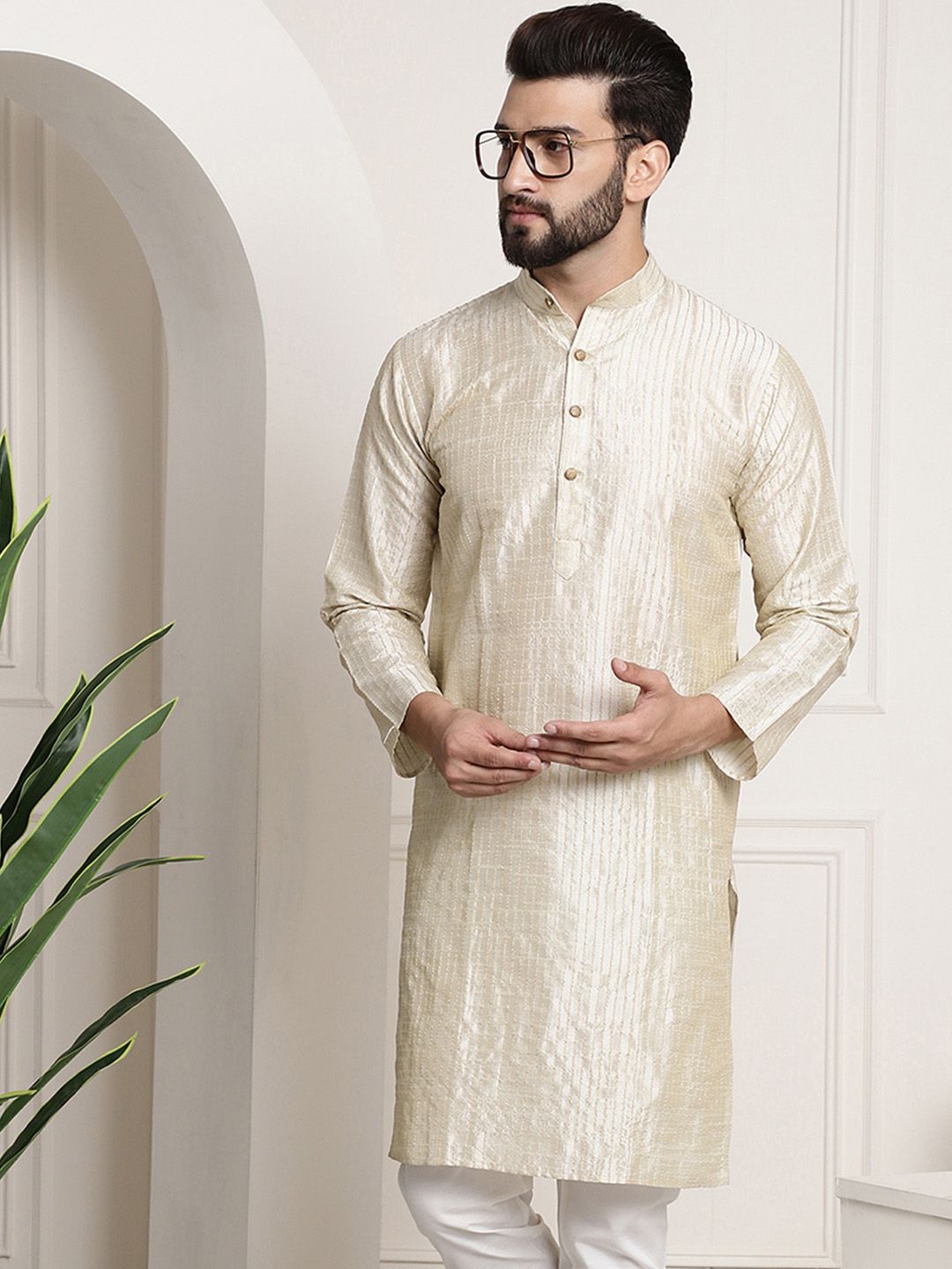 SOJANYA Kolar Jalur Berjalur Lengan Panjang Kurta Lurus