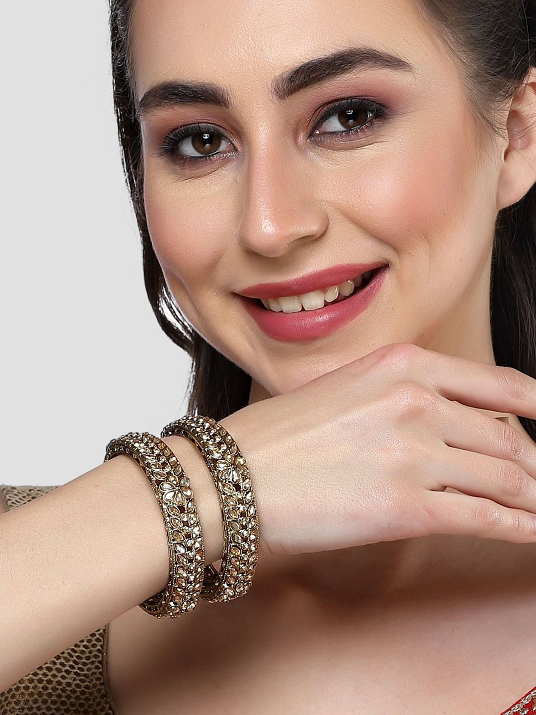 KARATCART Set Of 2 Gold-Plated Kundan Studded Bangles