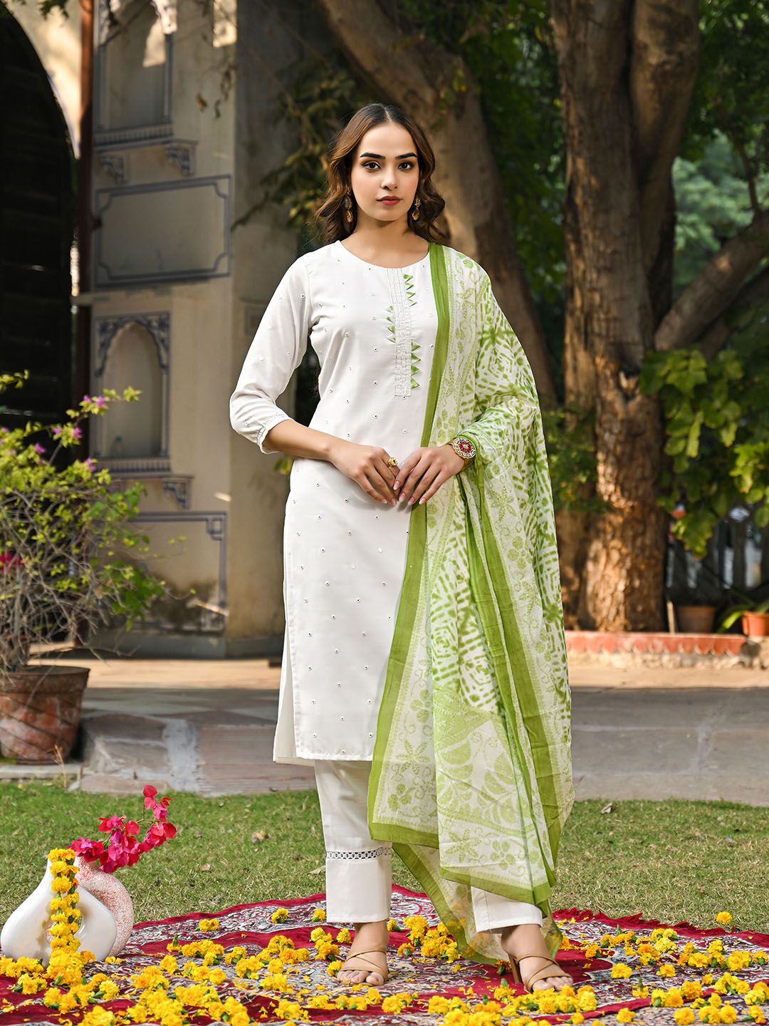 KALINI Women Embroidered Regular Gotta Patti Kurta with Trousers & With Dupatta