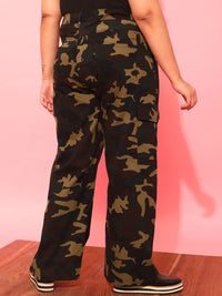 CURVY STREET Women Plus Size Olive Green Printed Relaxed Straight Leg Pure Cotton Trousers