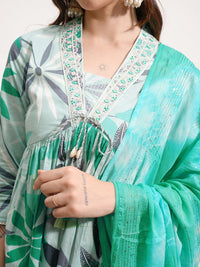 Vishudh Green & Grey Floral Printed Thread Work Pure Cotton Kurta with Trousers & Dupatta