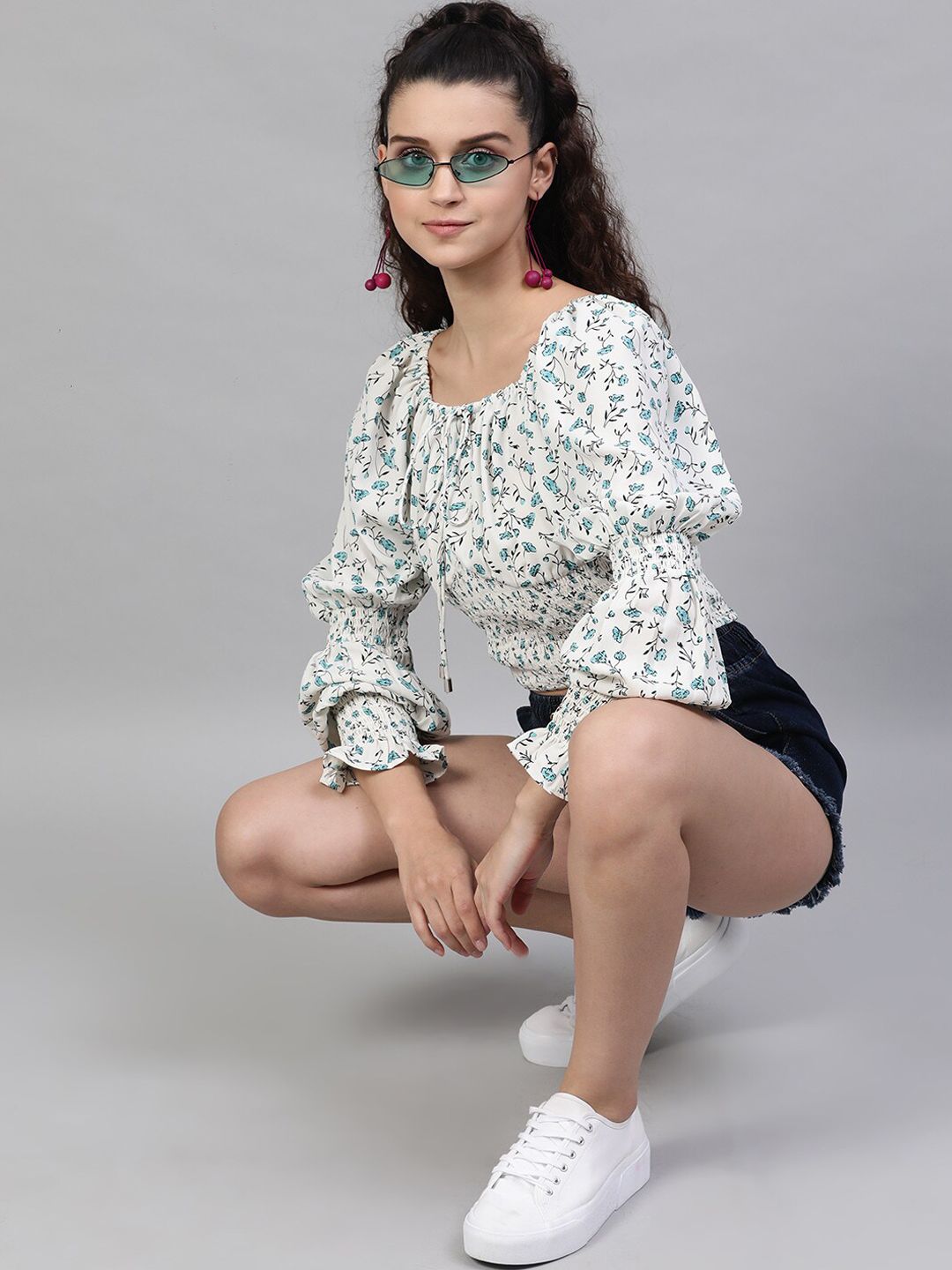 STREET 9 Cream-Coloured & Turquoise Blue Floral Printed Tie-Up Neck Puff Sleeves Blouson Top