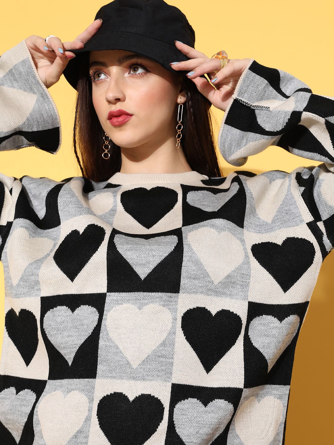 Berrylush Women Stunning Black Conversational Knits Bits Sweater