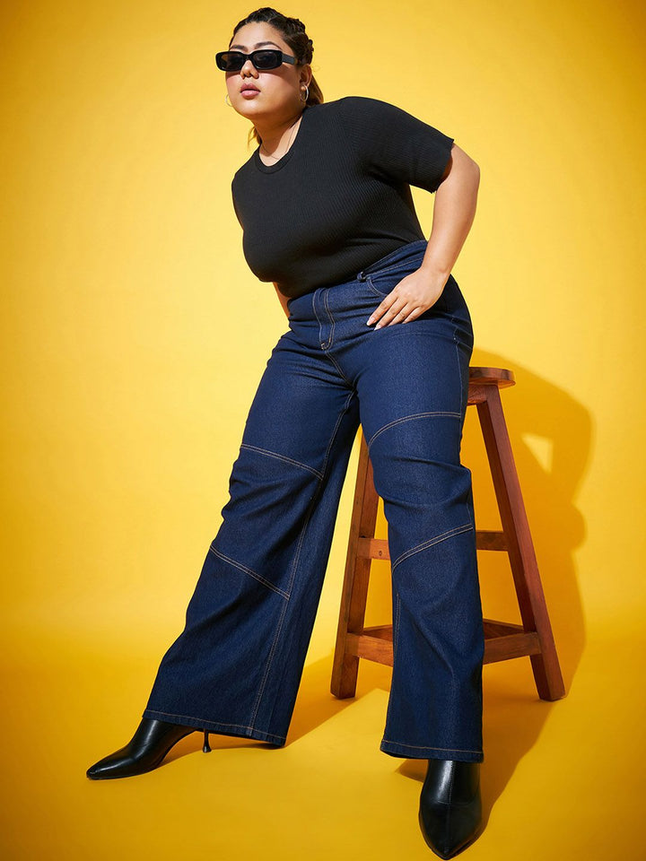 SASSAFRAS Curve Women Navy Blue Mid-Rise Comfort Straight Fit Stretchable Jeans
