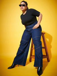 SASSAFRAS Curve Women Navy Blue Mid-Rise Comfort Straight Fit Stretchable Jeans