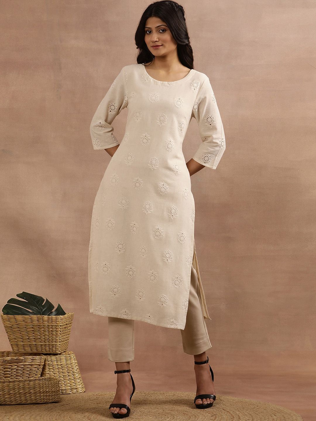 W Beige Floral Embroidered Thread Work Straight Kurta