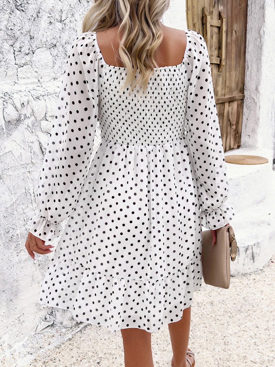 all about you White Polka Dot Printed Square Neck Puff Sleeve Smocked Fit & Flare Dress