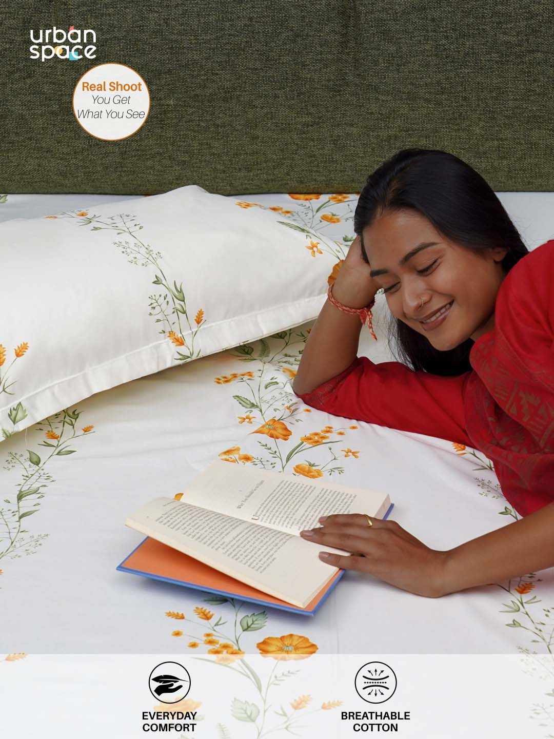URBAN SPACE Serene Yellow Floral Printed Cotton 200 TC Queen Bedsheet with 2 Pillow Covers