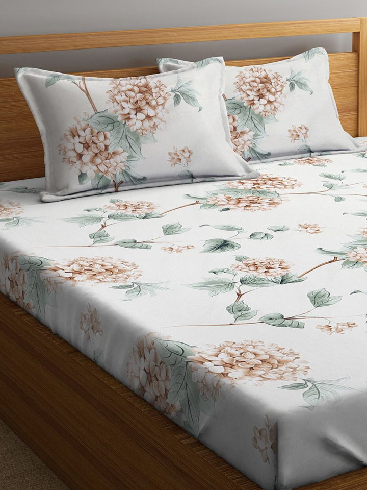 KLOTTHE Off White Floral Polycotton 300 TC Dilengkapi Cadar King Halus dengan 2 Sarung Bantal-98 x 87 inci