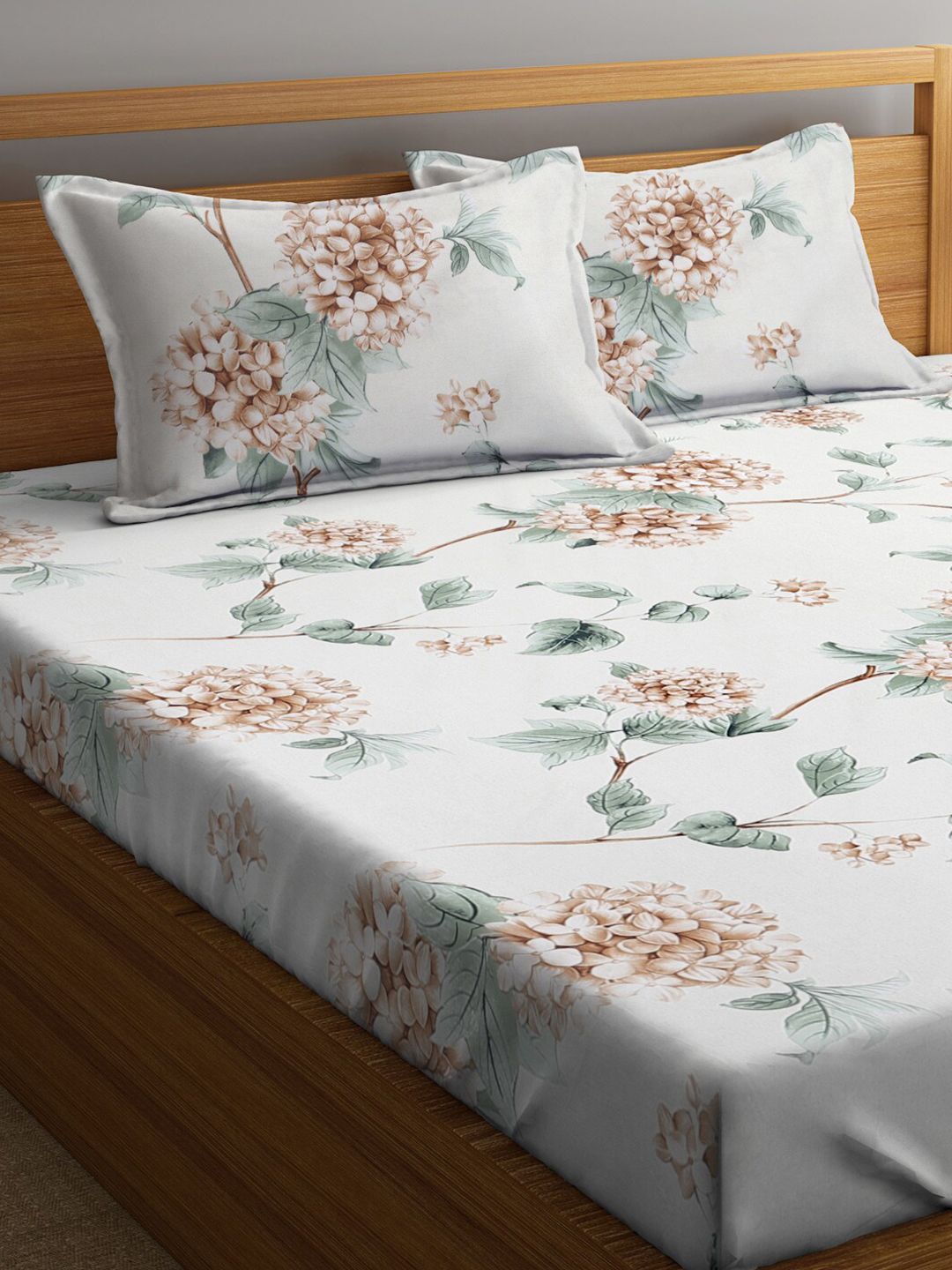 KLOTTHE Off White Floral Polycotton 300 TC Dilengkapi Cadar King Halus dengan 2 Sarung Bantal-98 x 87 inci