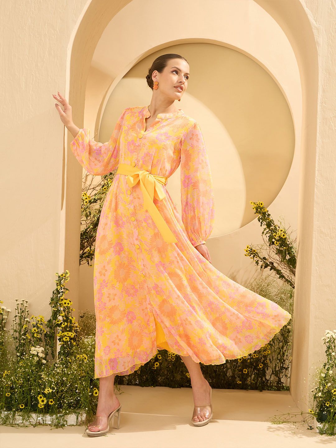 Antheaa Layered Women Floral Printed Mandarin Collar Midi Fit & Flare Dress