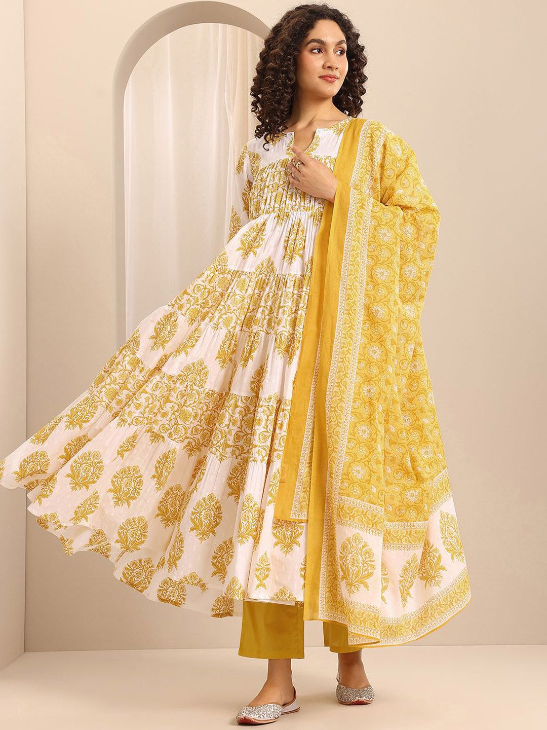 Libas Floral Printed Notch Neck Anarkali Kurta With Trousers & Dupatta