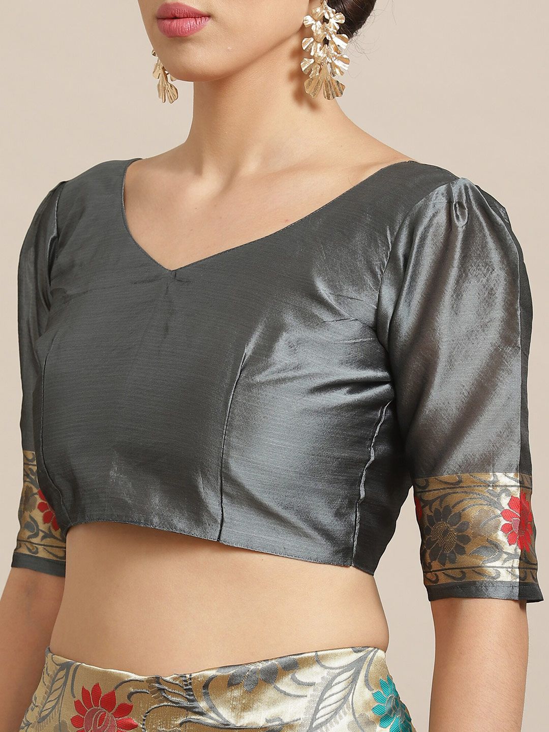 Saree mall Grey & Gold-Toned Floral Silk Blend Banarasi Sarees
