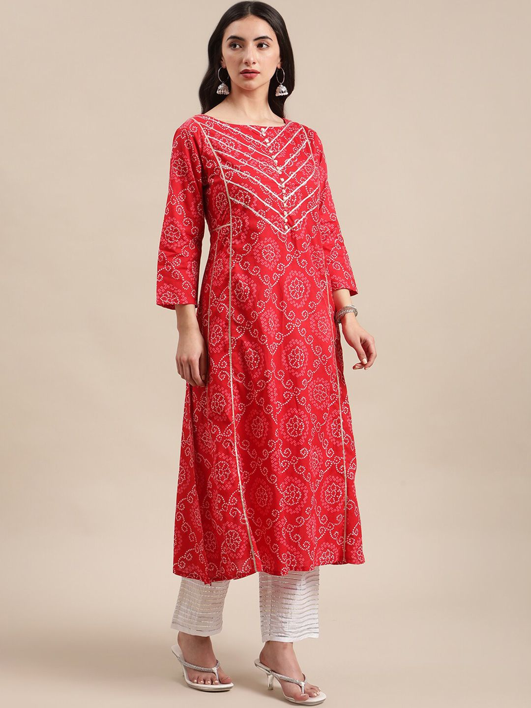 Varanga Women Red Geometric Printed Gotta Patti A-Line Cotton  Kurta