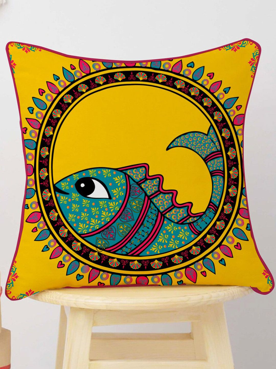 STITCHNEST Blue & Yellow Set of 5 Ethnic Motifs Velvet Square Cushion Covers