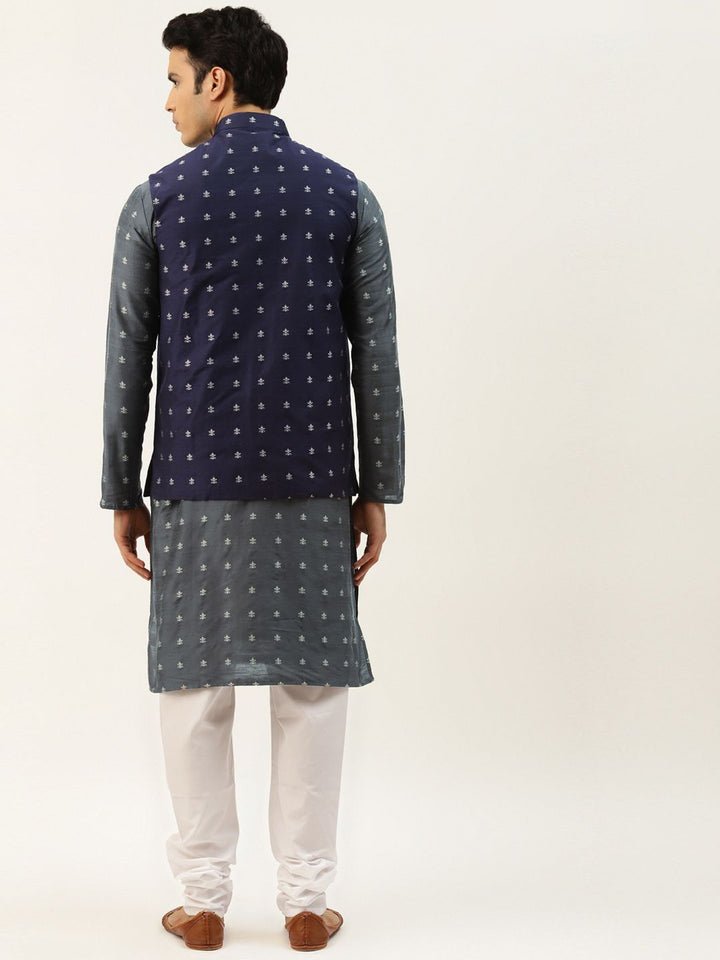 SOJANYA Men Charcoal Ethnic Motifs Kurta with Churidar & Nehru Jacket