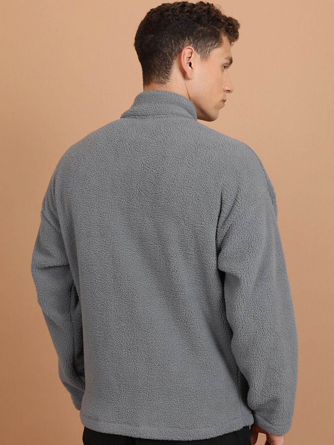 HIGHLANDER Grey Mock Collar Drop Shoulder Sleeves Oversized Front-Open Sweatshirt