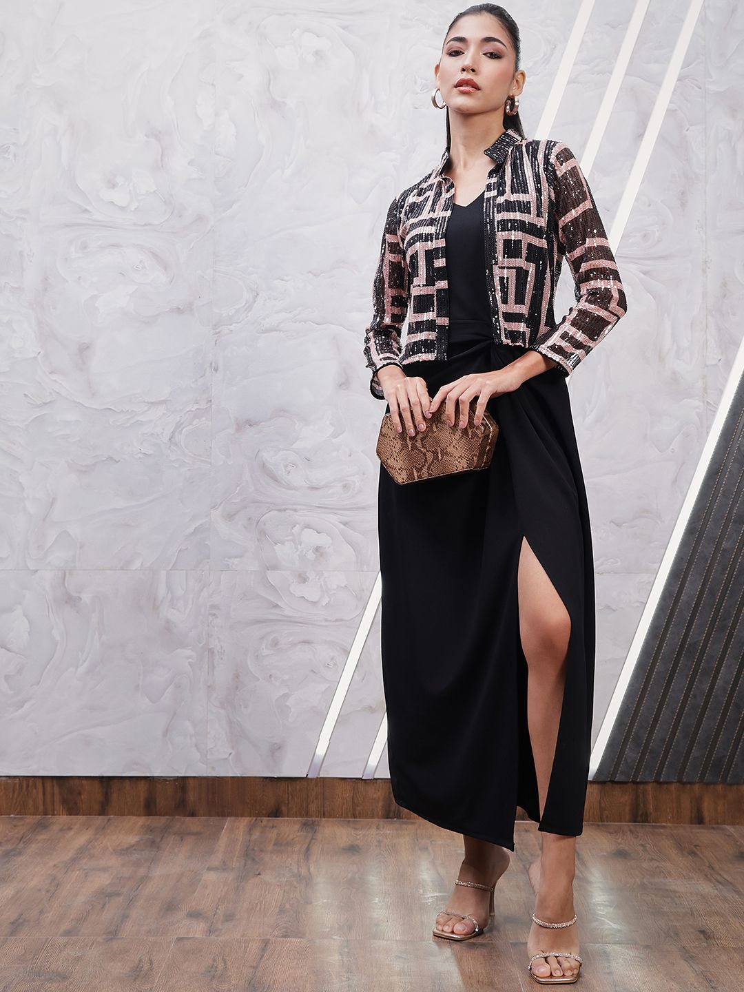Athena Geometric Printed Embellished V-Neck Sheath Dress With Jacket
