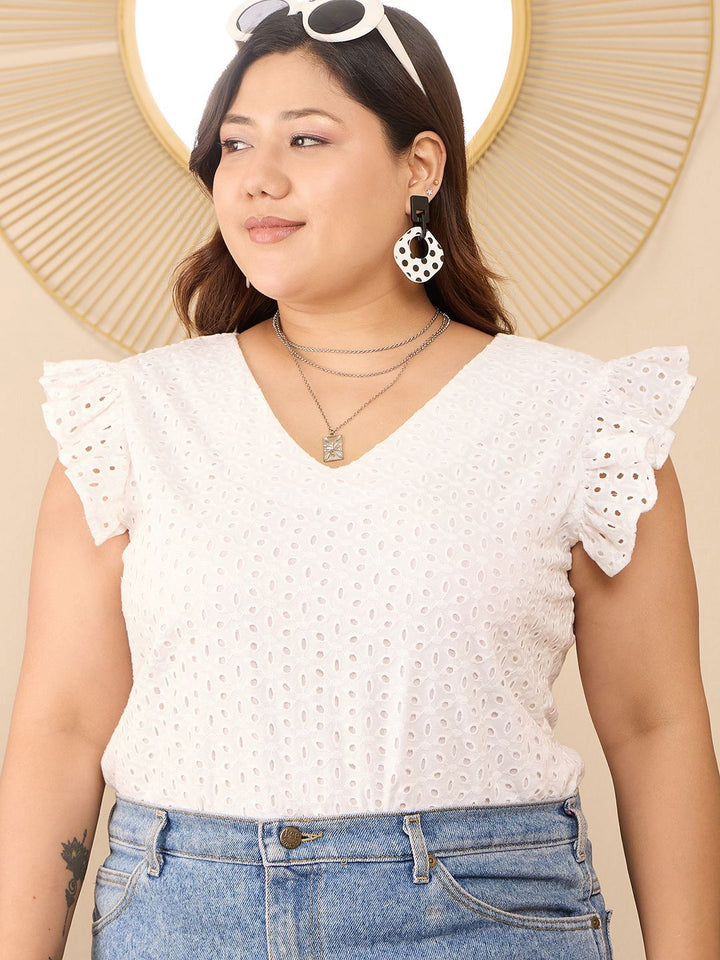 Berrylush Curve Flutter Sleeve Cotton Schiffli Plus Size Top