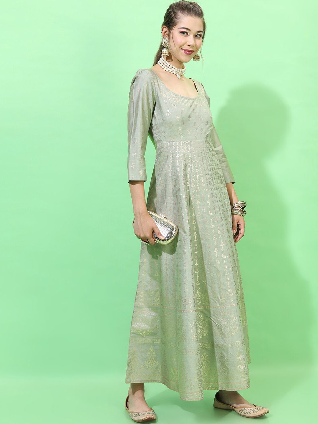Vishudh Women Green Ethnic Maxi Dress