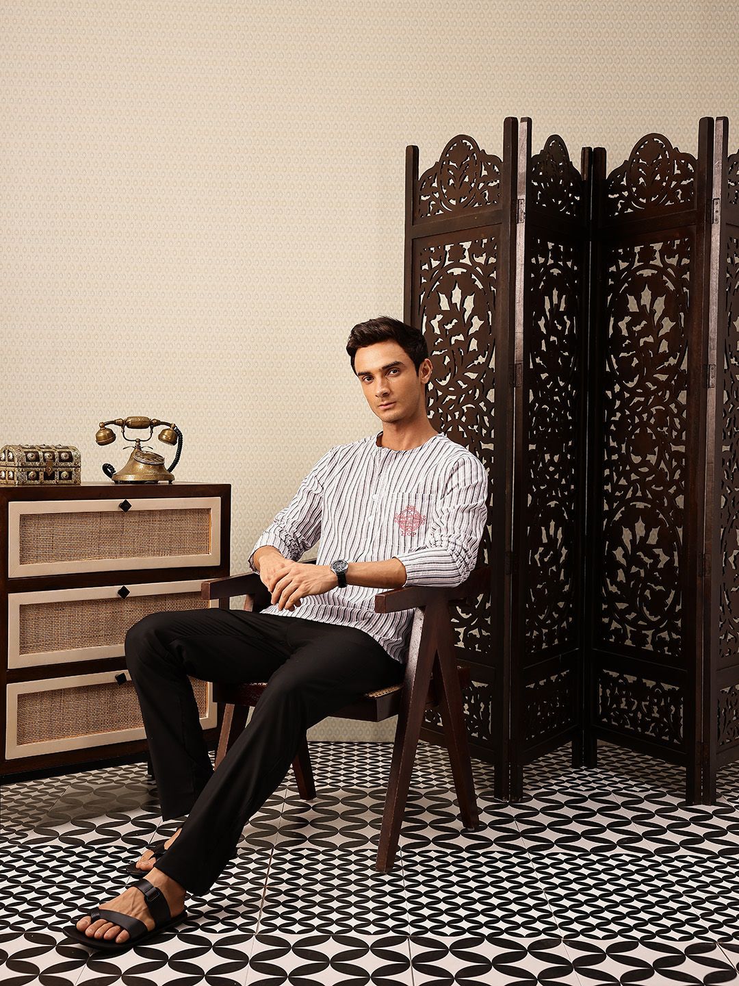 House of Pataudi Striped Thread Work Detail Rozana Kurta