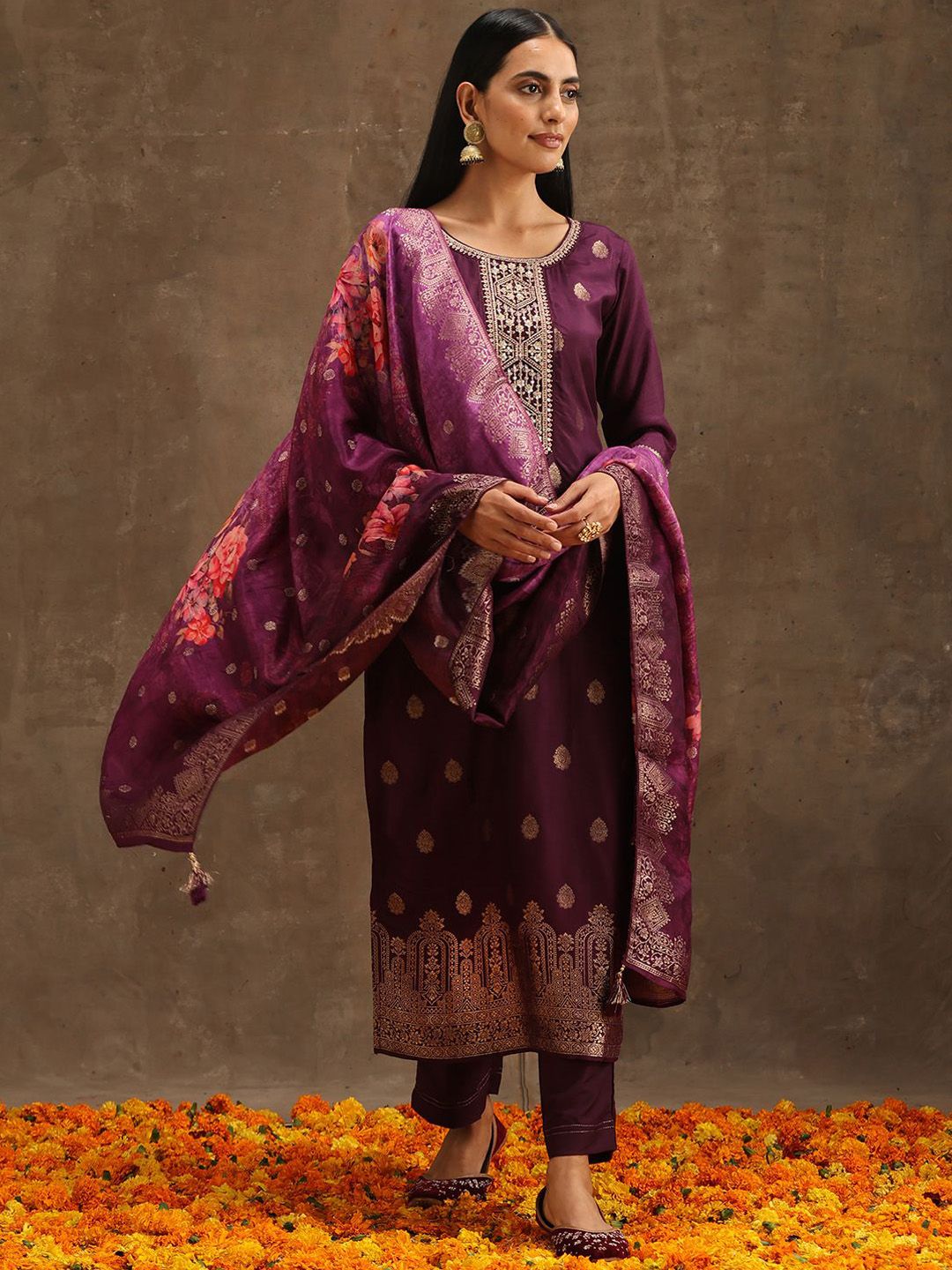 Libas Women Floral Embroidered Regular Pure Silk Kurta with Trousers & With Dupatta