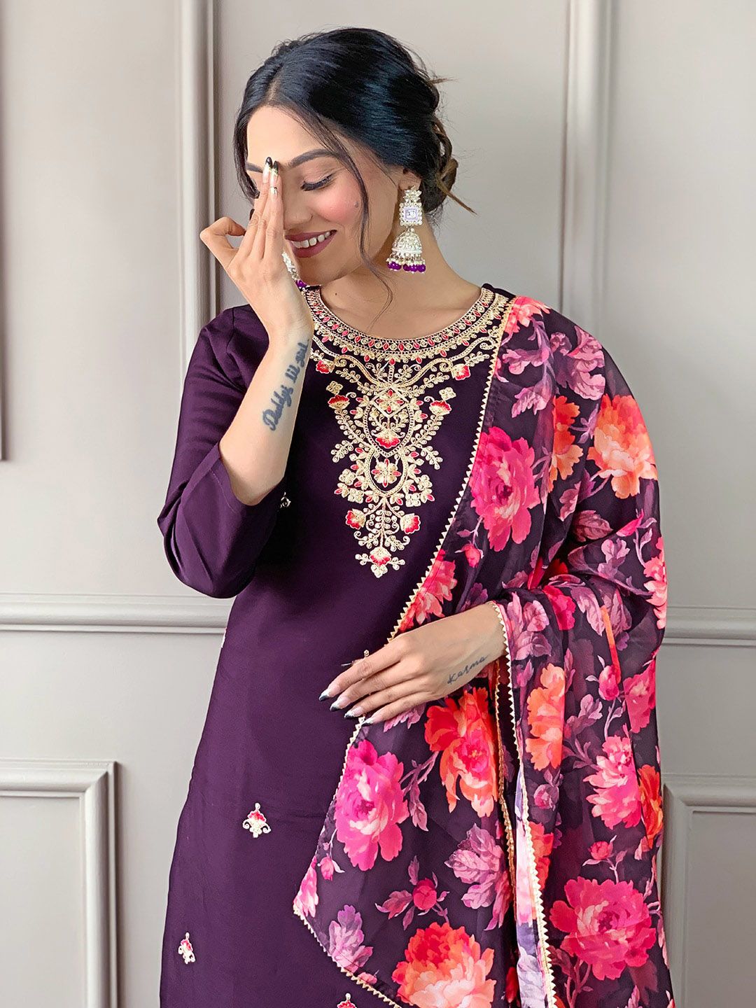 KALINI Floral Embroidered Round Neck Three-Quarter Sleeves Kurta Set