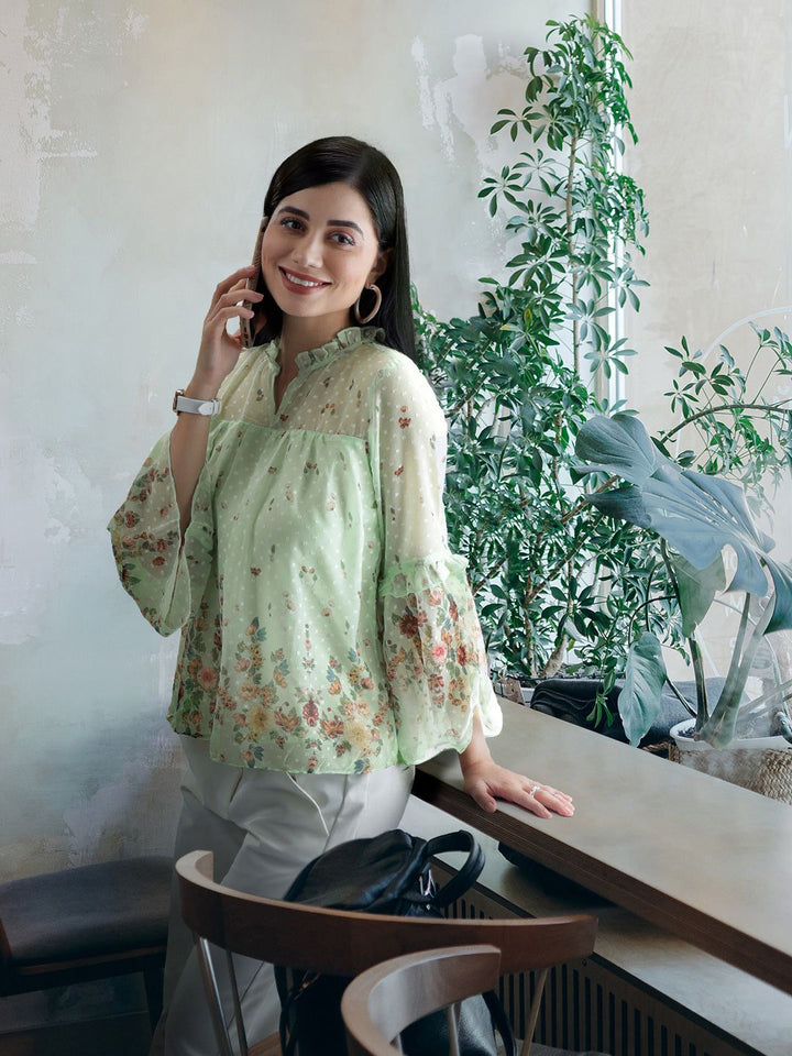 AND Women Sea Green & Maroon Floral Printed V-Neck Top