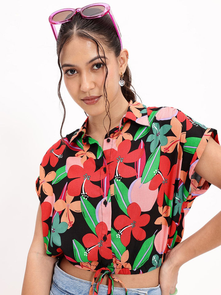 DressBerry Keep Blooming Floral Printed Shirt Style Crop Top