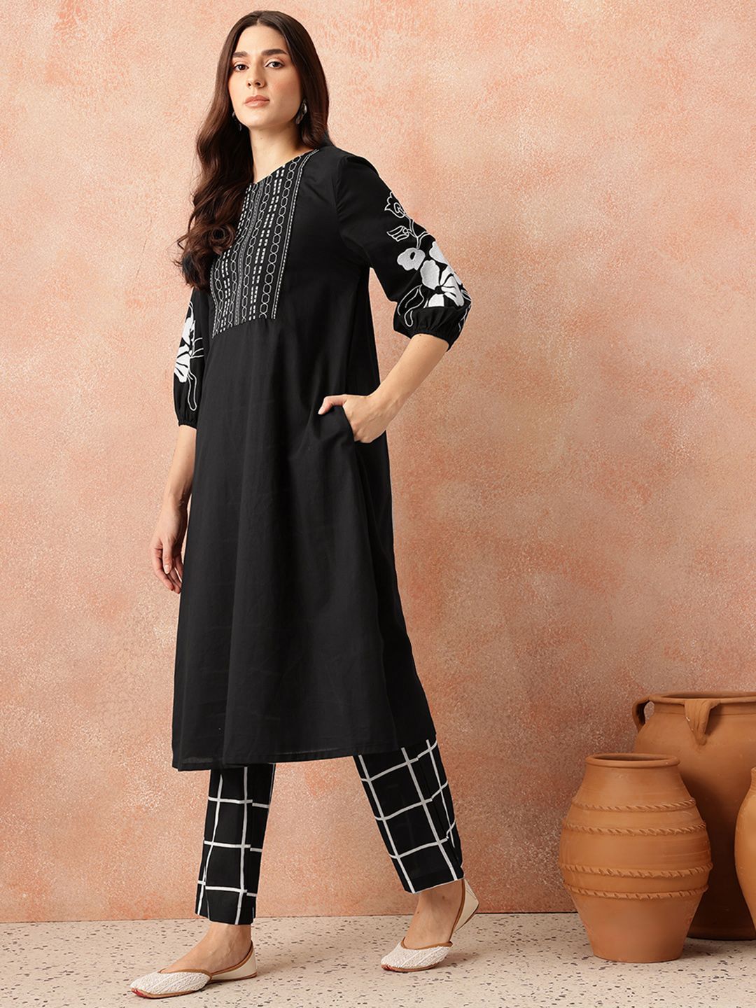 all about you Yoke Design Regular Thread Work Pure Cotton Kurta & Trousers