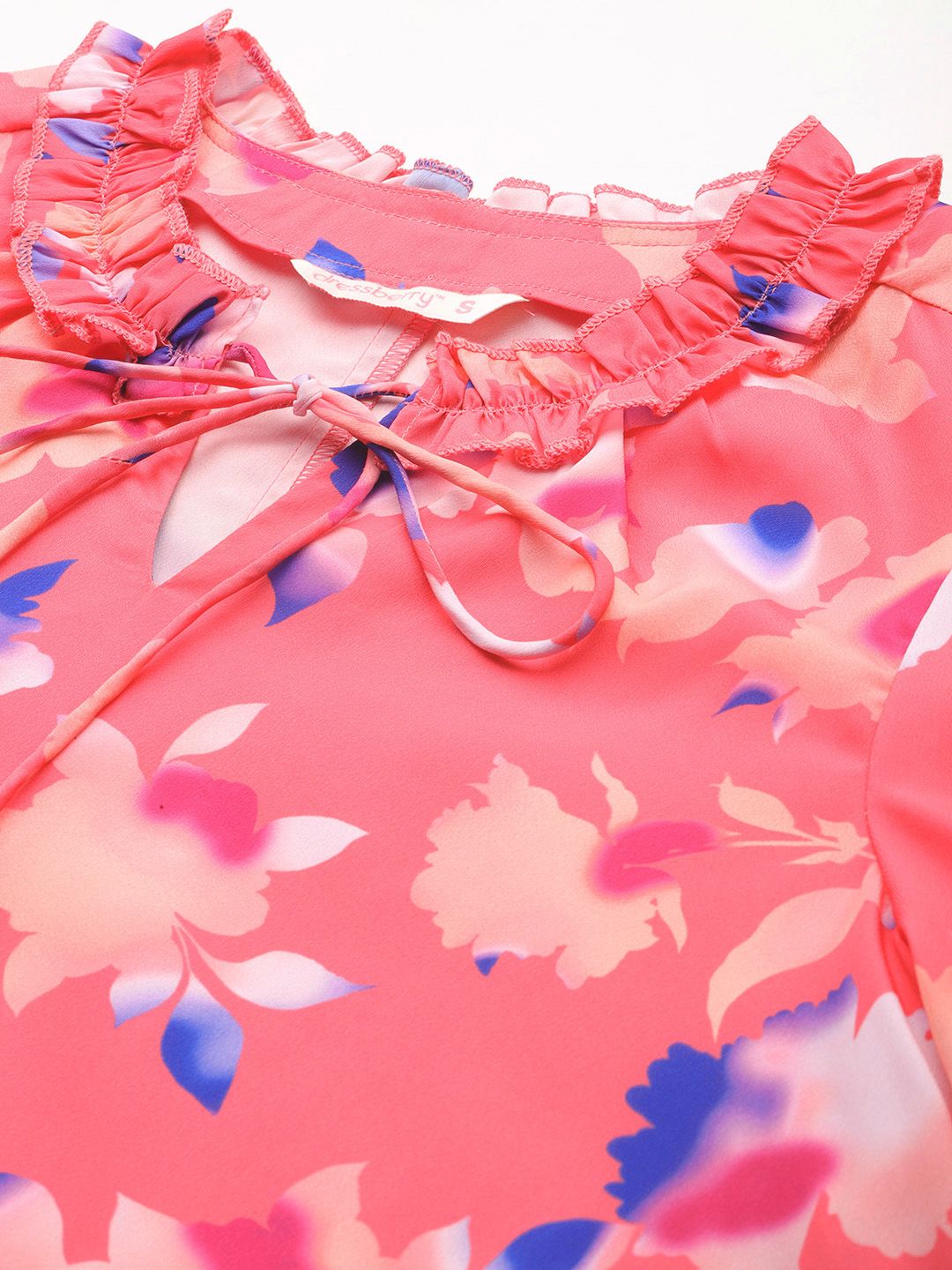 DressBerry Floral Print Tie-Up Neck Puff Sleeve Top