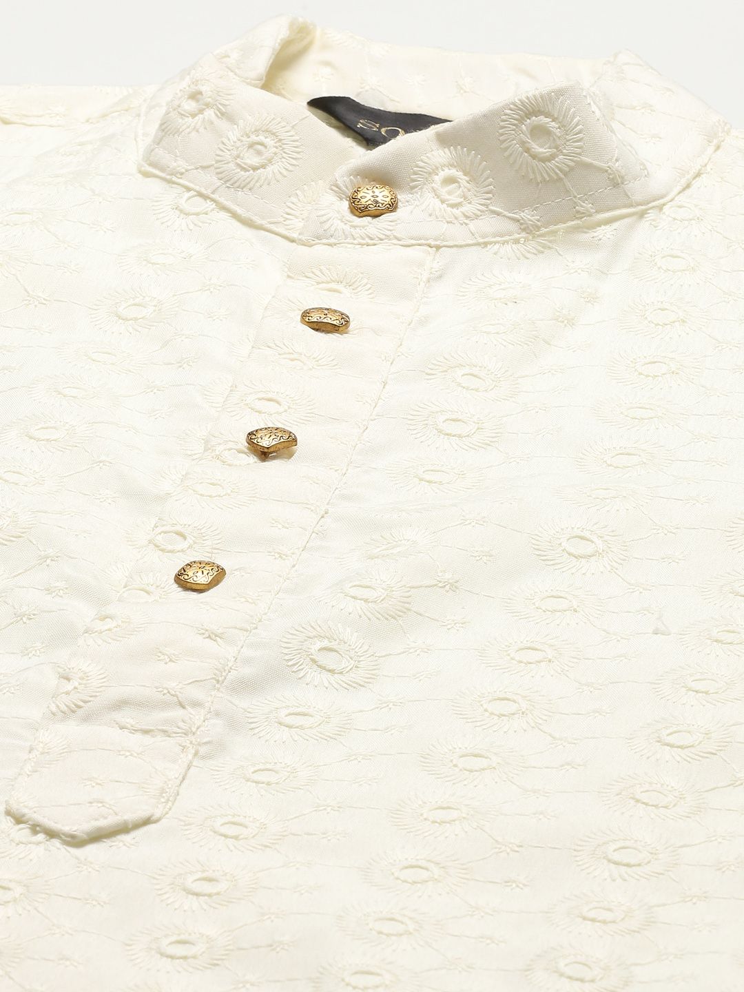 SOJANYA Men Cream-Coloured Chikankari Pure Cotton Kurta with Churidar & Nehru Jacket