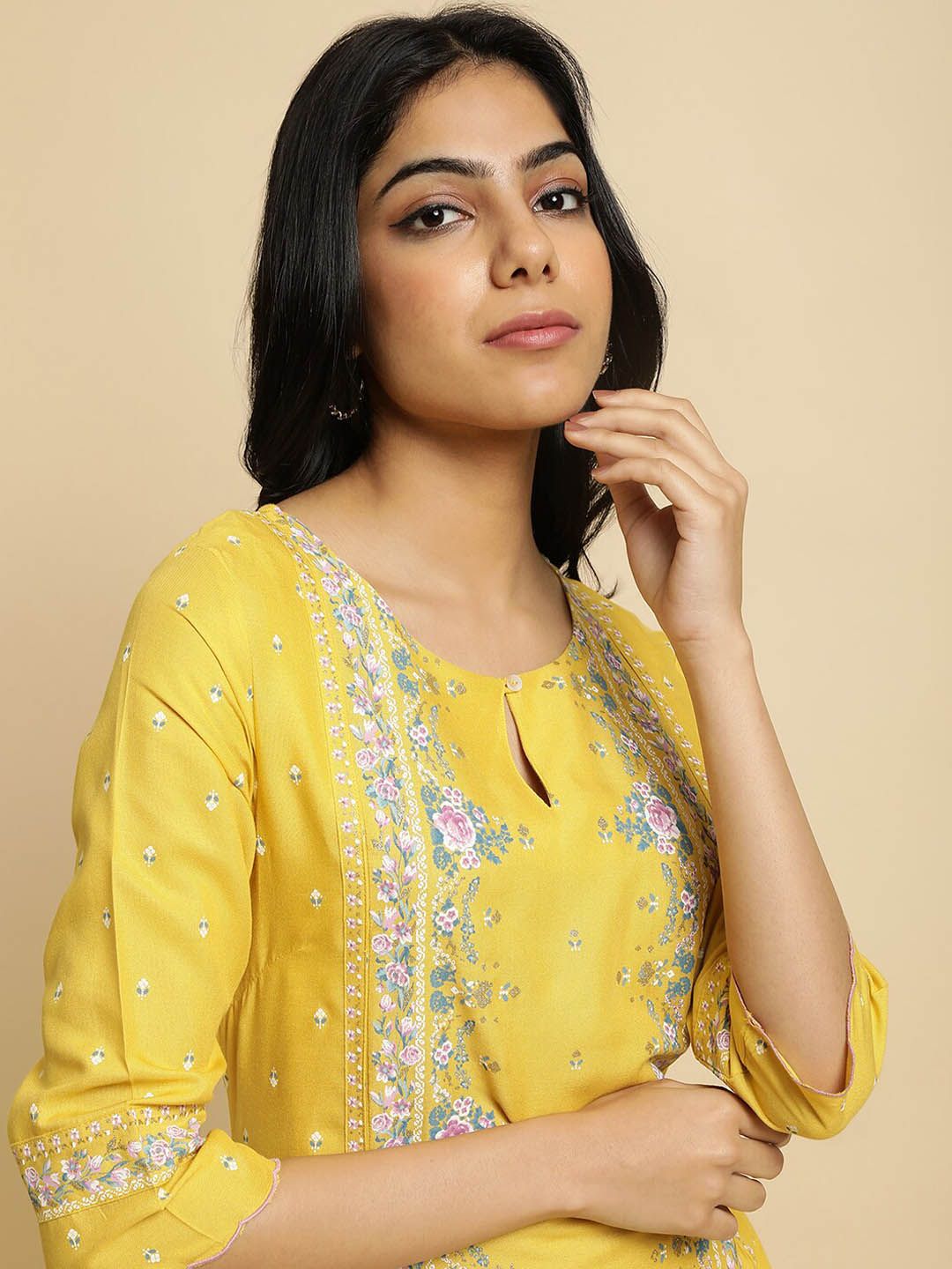 W Yellow & Pink Floral Printed Keyhole Neck A-Line Kurta