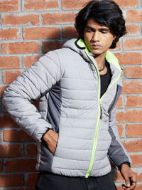 Campus Sutra Grey Hooded Windcheater Puffer Jacket With Contrast Zipper