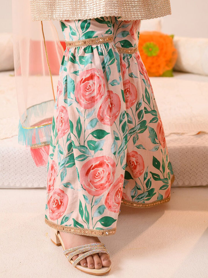 pspeaches Girls Floral Printed Pure Cotton Kurta With Sharara &  Dupatta