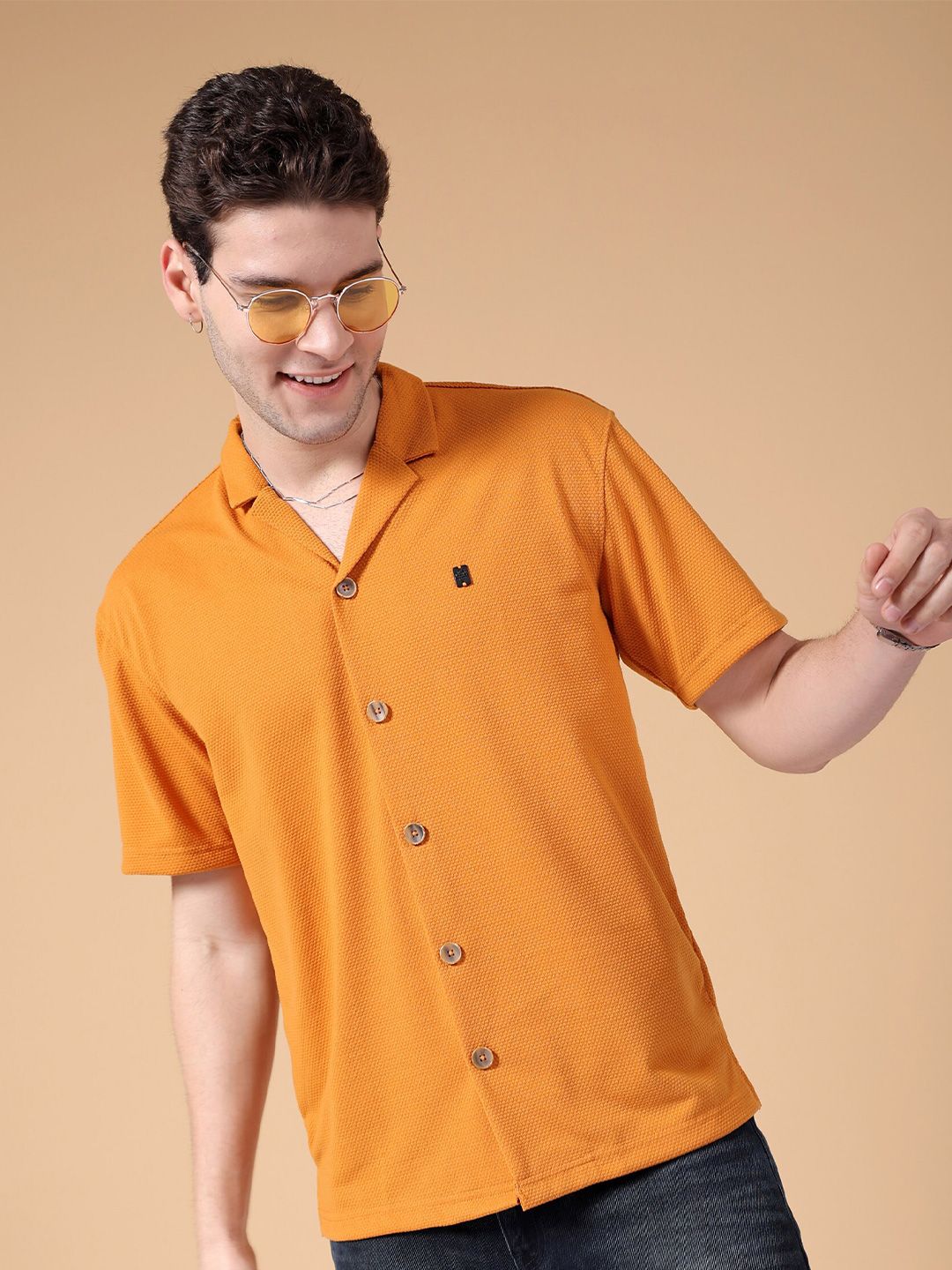 The Indian Garage Co Cuban Collar Self Design Oversized Casual Shirt