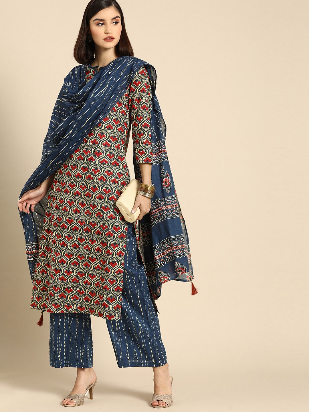 Anouk Women Blue Ethnic Motifs Printed Regular Pure Cotton Kurta With Palazzos & Dupatta