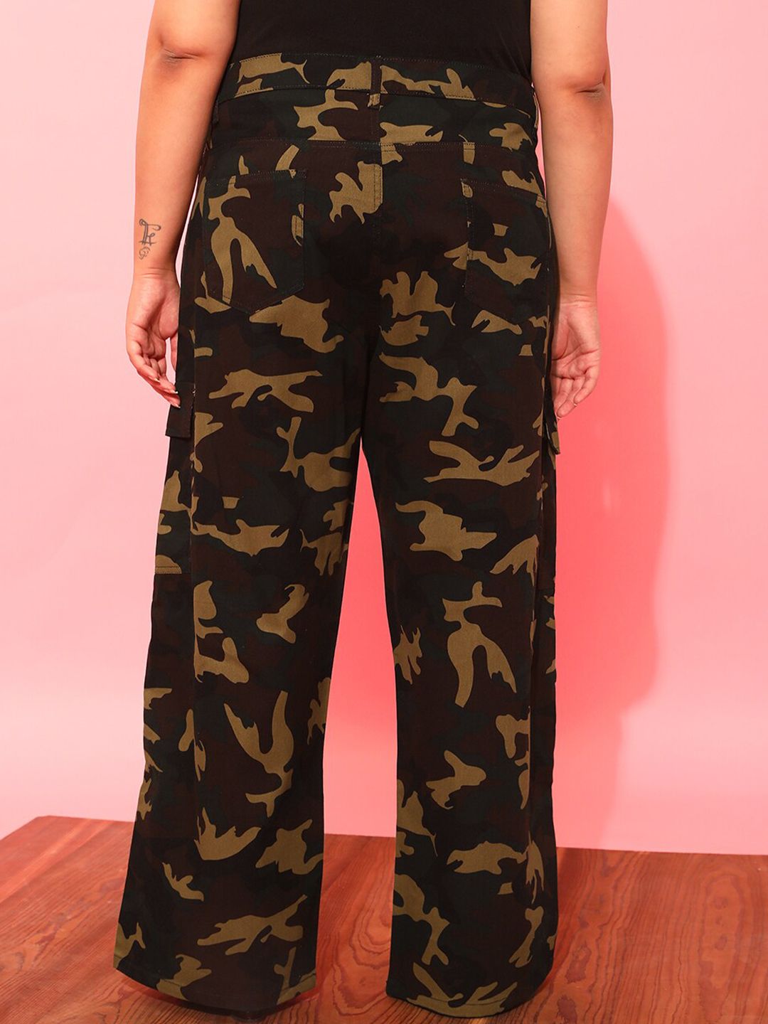 CURVY STREET Women Plus Size Olive Green Printed Relaxed Straight Leg Pure Cotton Trousers