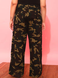 CURVY STREET Women Plus Size Olive Green Printed Relaxed Straight Leg Pure Cotton Trousers