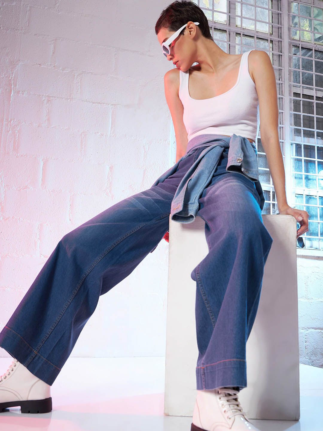 SASSAFRAS Women High Rise Comfort Wide Leg Stretchable Jeans
