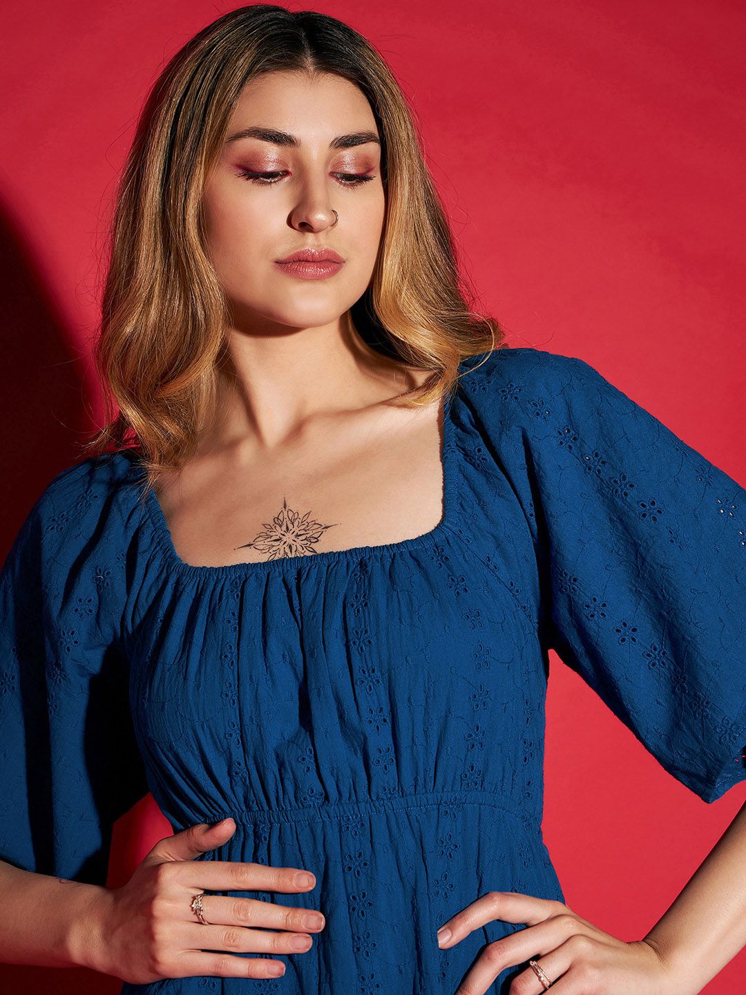 SASSAFRAS Blue Square Neck Fit and Flare Dress