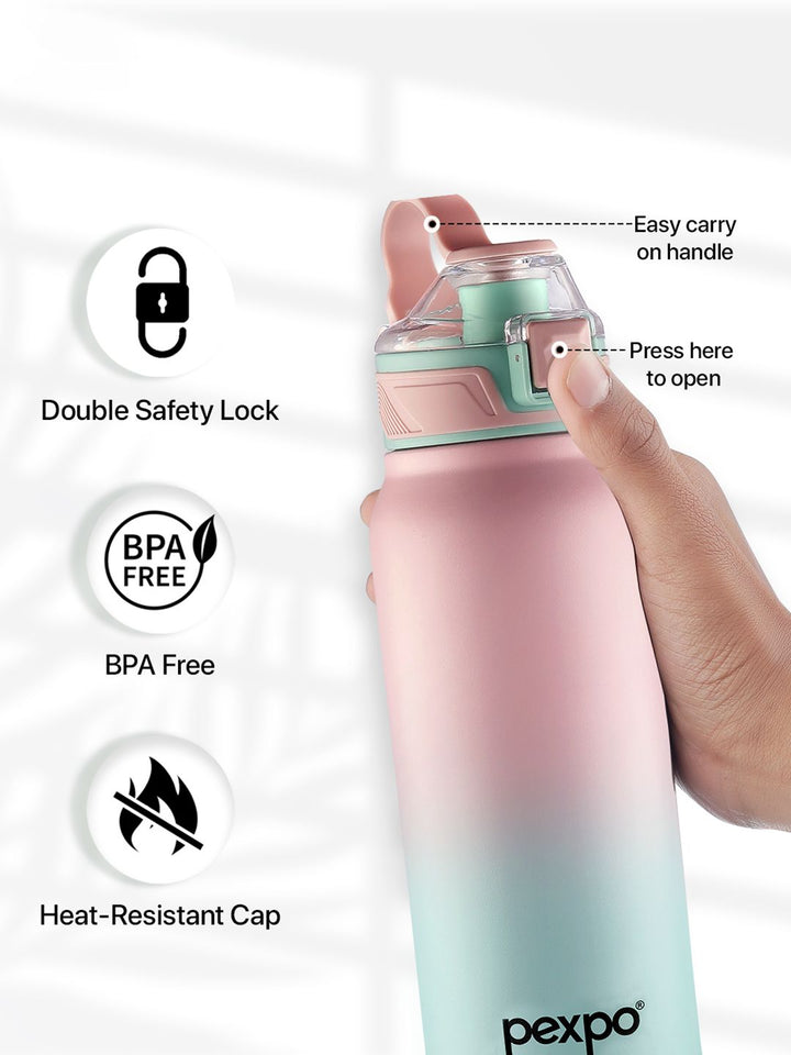 Pexpo Pink & Green Colourblocked Stainless Steel Double Wall Vacuum Water Bottle-740 ml