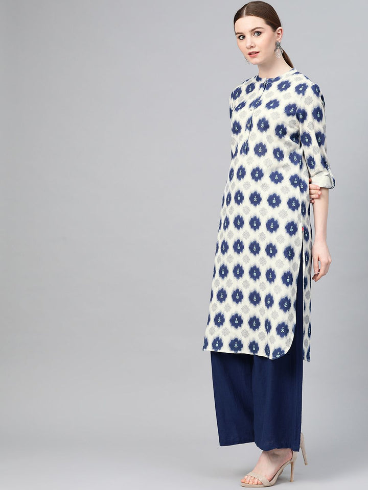 W Women Off-White & Navy Blue Printed Straight Kurta
