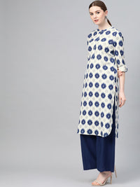 W Women Off-White & Navy Blue Printed Straight Kurta