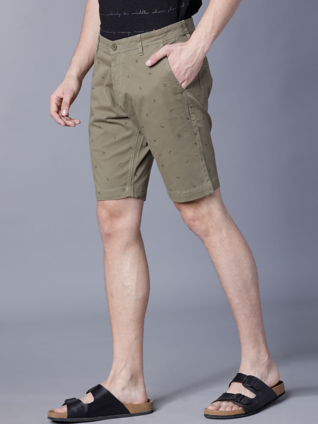 HIGHLANDER Men Olive Green Printed Slim Fit Chino Shorts