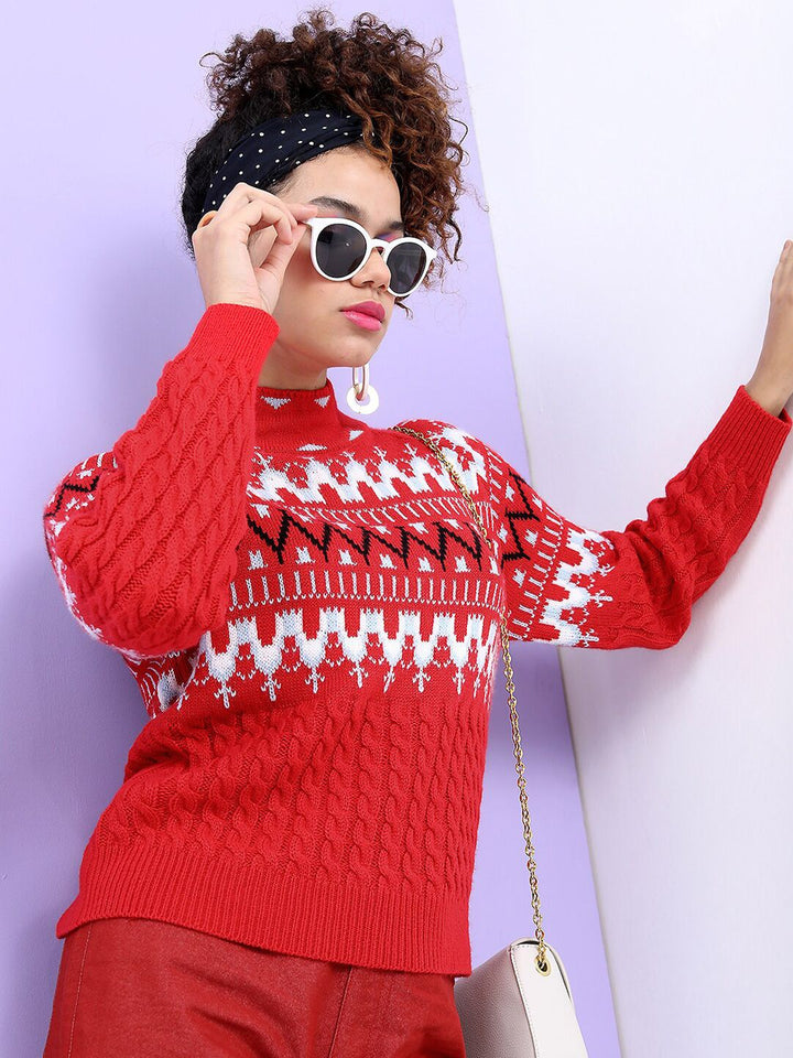 Tokyo Talkies Women Red & White Fair Isle Jacquard Pullover